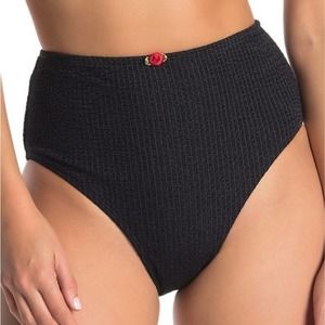 Betsey Johnson Black Ribbed Scrunch Knit High Waisted Rosette Bikini Bottom